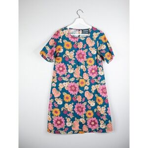 ModCloth Princess Highway Shift Dress Womens 6 Teal pink Floral Cotton Linen